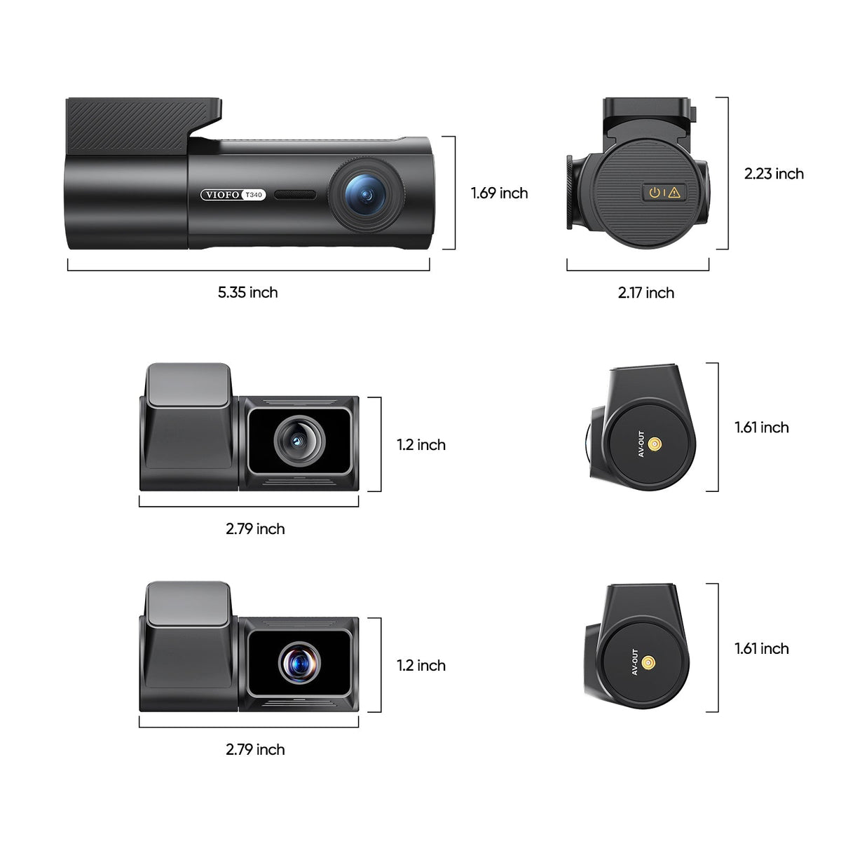 VIOFO T340 dash cam technical dimension diagram with measurements for main and aux units