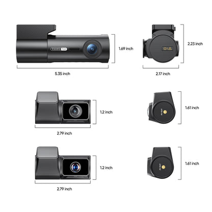 VIOFO T340 dash cam technical dimension diagram with measurements for main and aux units