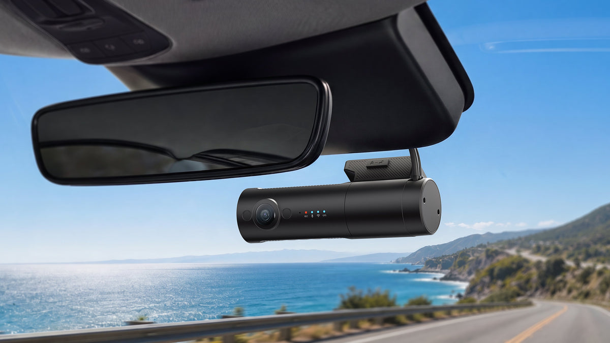 VIOFO T340TW compact screenless dash cam mounted on windshield overlooking highway