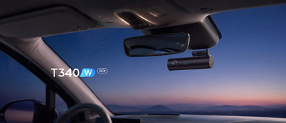 VIOFO T340W 3CH dash cam mounted behind rearview mirror in vehicle cabin