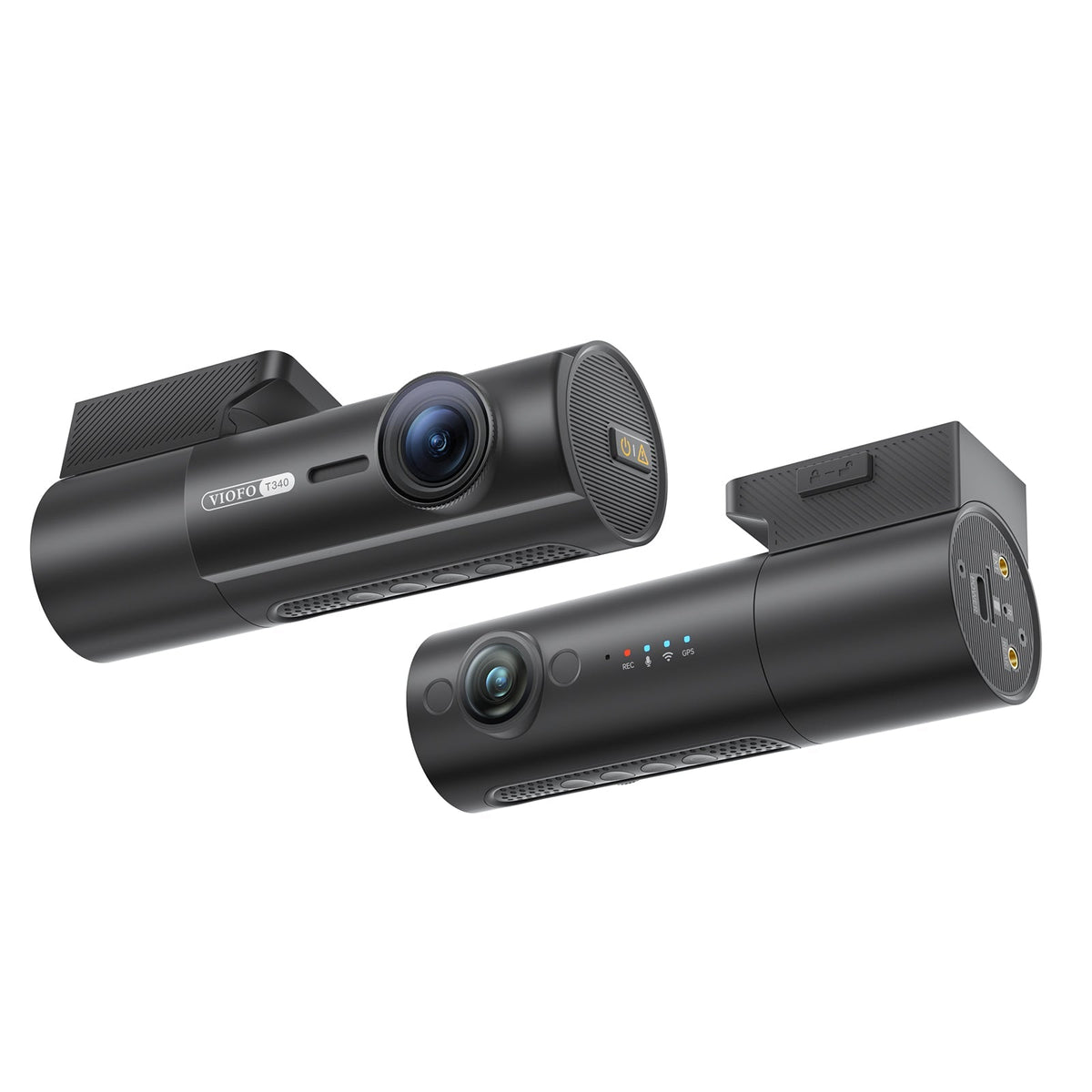 Two angles of black VIOFO T340W dash cam showing indicator lights and ports