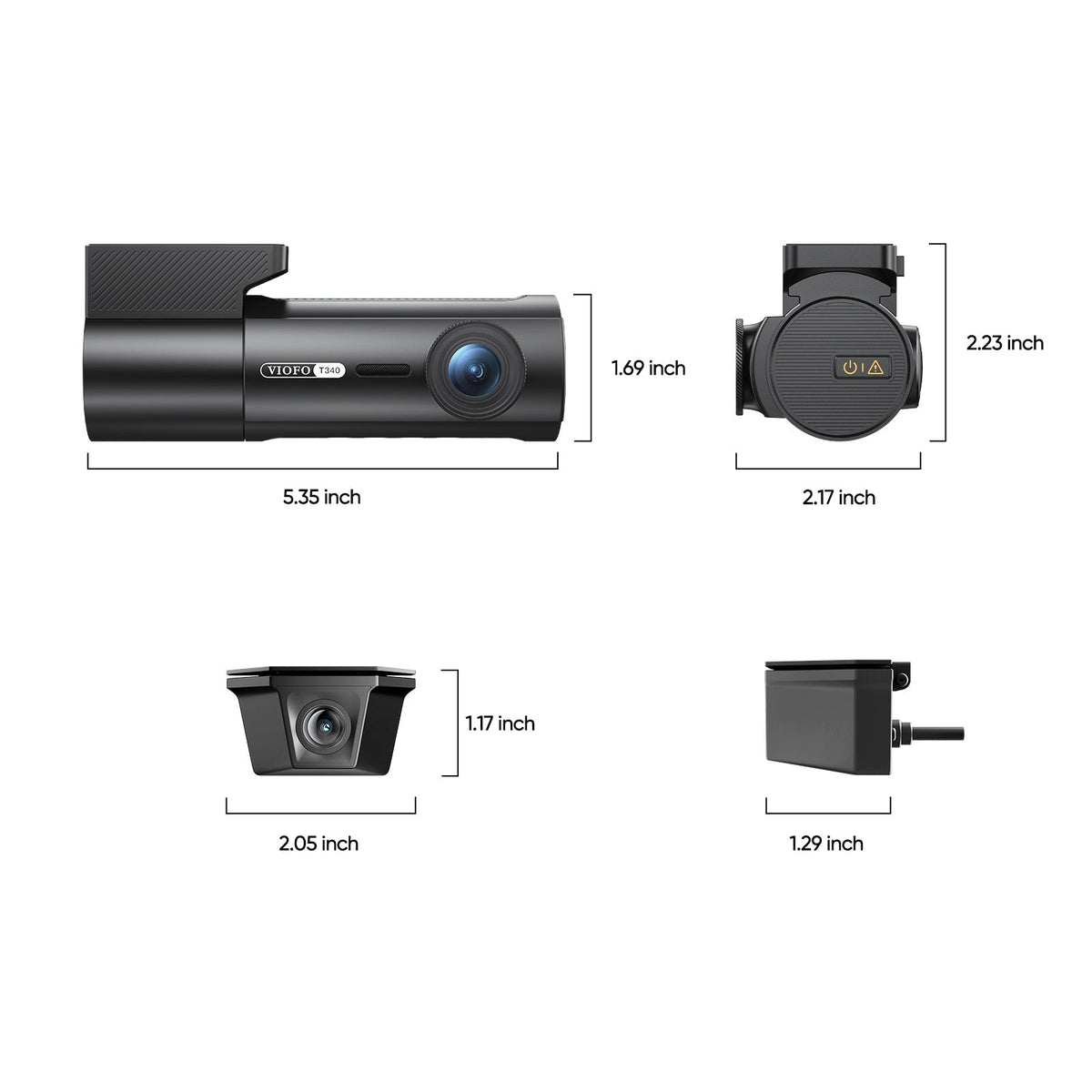 Technical dimension diagram for VIOFO T340W main unit and rear camera