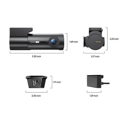 Technical dimension diagram for VIOFO T340W main unit and rear camera