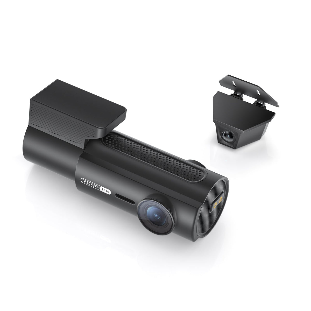 Top-down studio shot of VIOFO T340W dash cam and compact rear camera unit