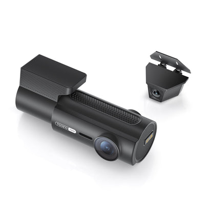 Top-down studio shot of VIOFO T340W dash cam and compact rear camera unit