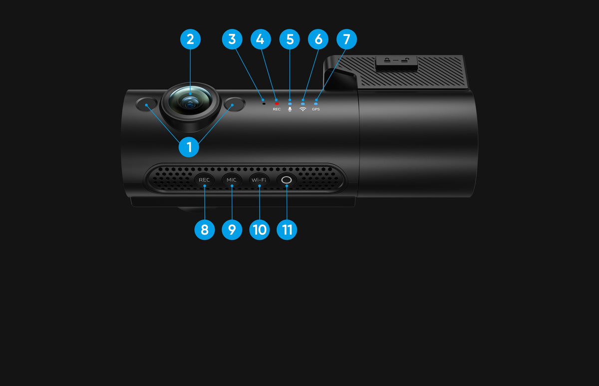 VIOFO T340WW dash cam diagram highlighting lens, GPS, Wi-Fi, and REC buttons