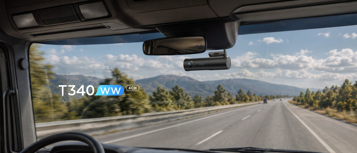 VIOFO T340WW 4CH dash cam installed in truck cabin overlooking highway