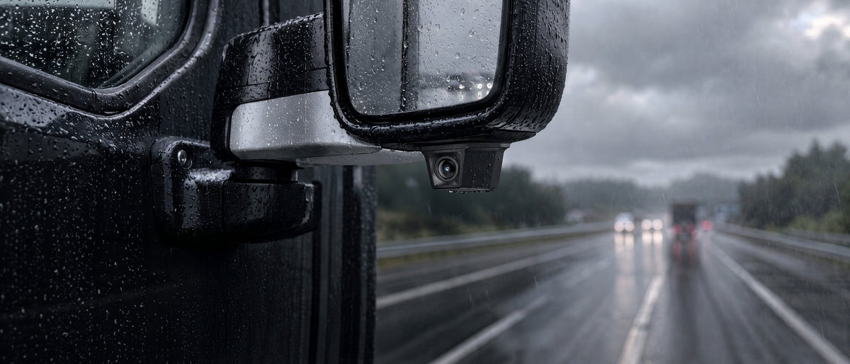 Waterproof exterior camera mounted on truck mirror in heavy rain