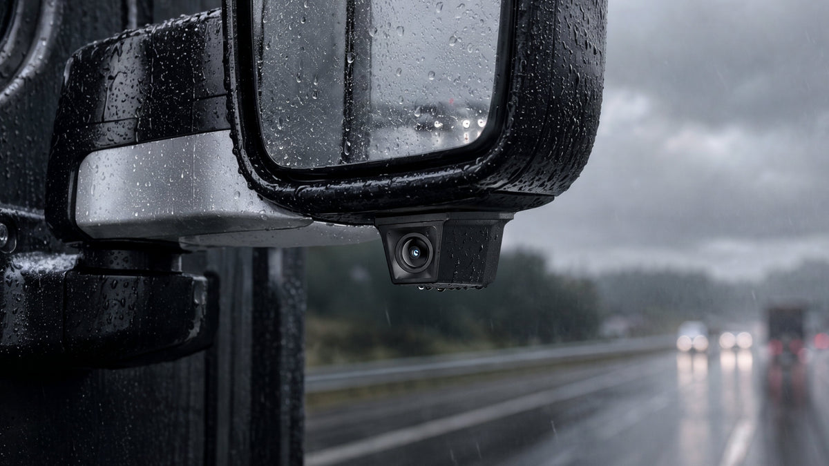 Close-up of waterproof exterior camera lens covered in rain droplets