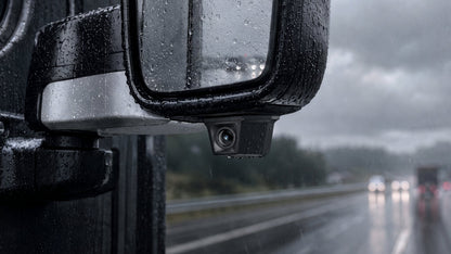 Close-up of waterproof exterior camera lens covered in rain droplets