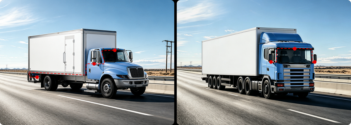Dash cam coverage diagram for box truck and semi-truck mounting positions