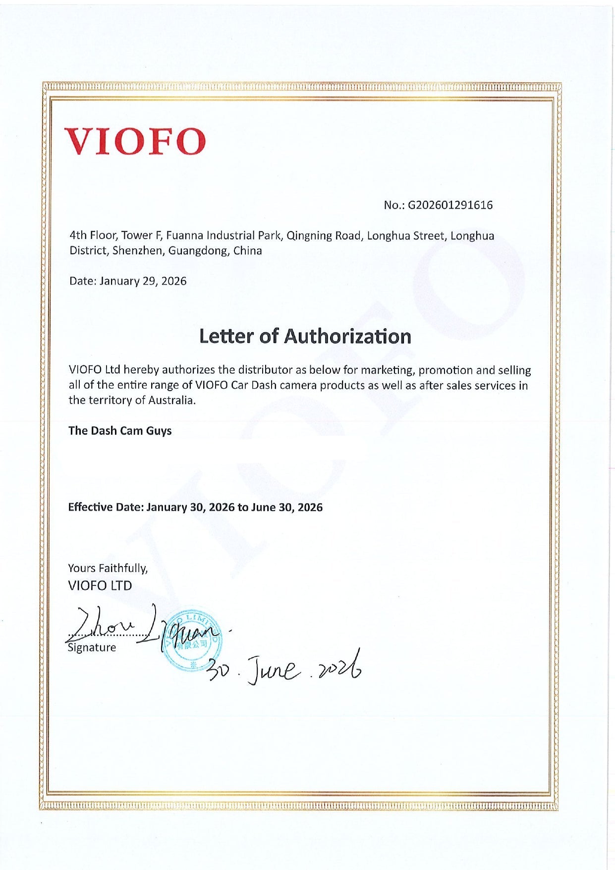 VIOFO letter of authorization document with contact information and signature.