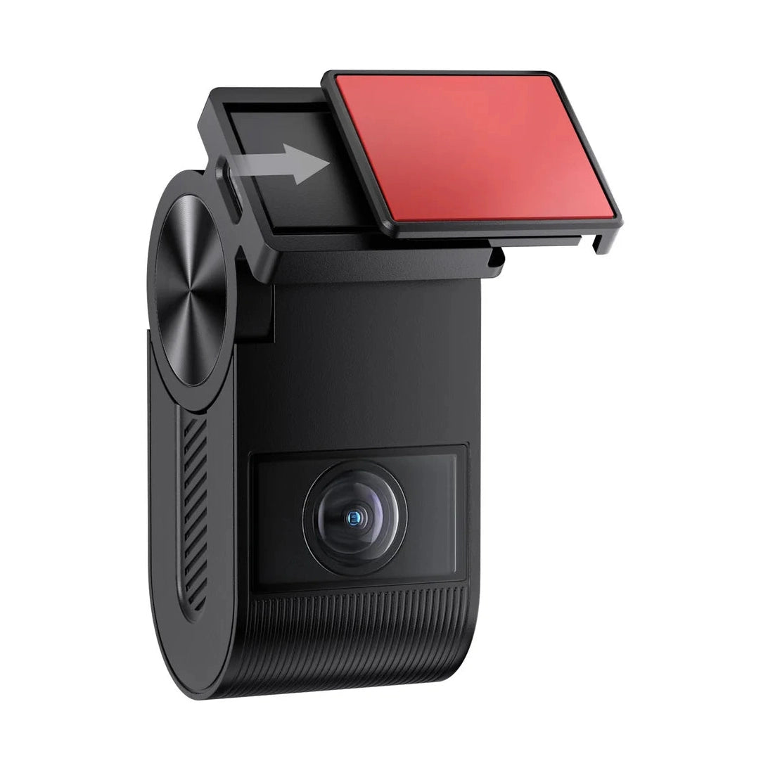 VIOFO VS1 dash cam with red 3M adhesive mount sliding into black plastic housing