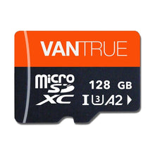 Vantrue 128GB orange and black microSDXC memory card with U3 A2 specs