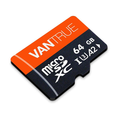 Angled view of Vantrue 64GB U3 V30 microSDXC card for high endurance recording
