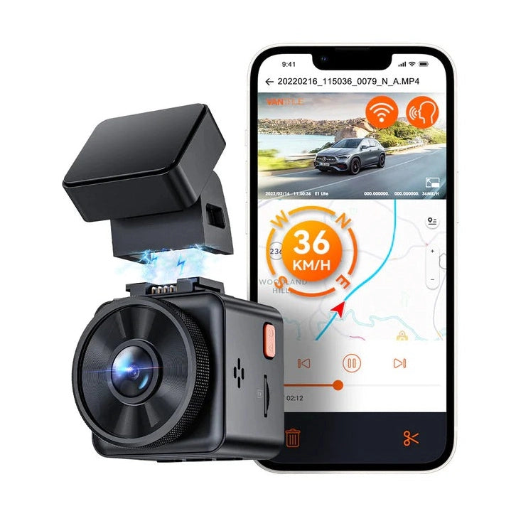 Vantrue E1 Lite dash cam showing Wi-Fi live feed on smartphone with GPS speed overlay