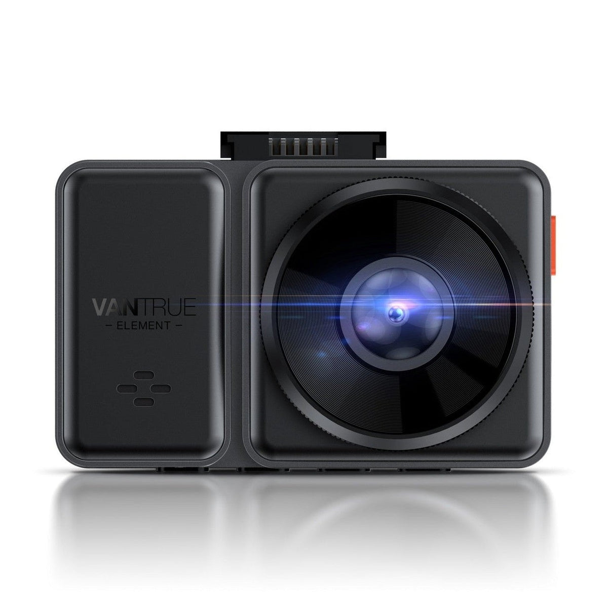 Front view of Vantrue Element 2 dash cam featuring large lens and orange power button