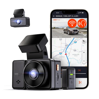 Vantrue Element 2 dual dash cam with front rear cameras, wireless hotkey and app interface showing live 2.7K video feed