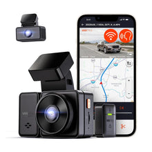 Vantrue Element 2 dual dash cam with front rear cameras, wireless hotkey and app interface showing live 2.7K video feed