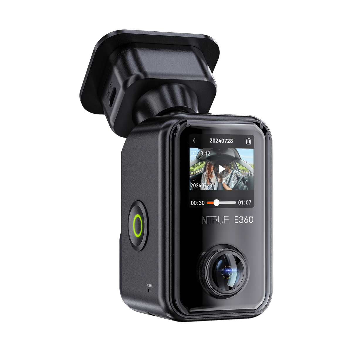 Vantrue E360 touchscreen displaying video playback interface and timestamp on dash mount