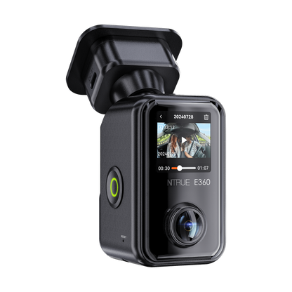 Vantrue E360 touchscreen displaying video playback interface and timestamp on dash mount