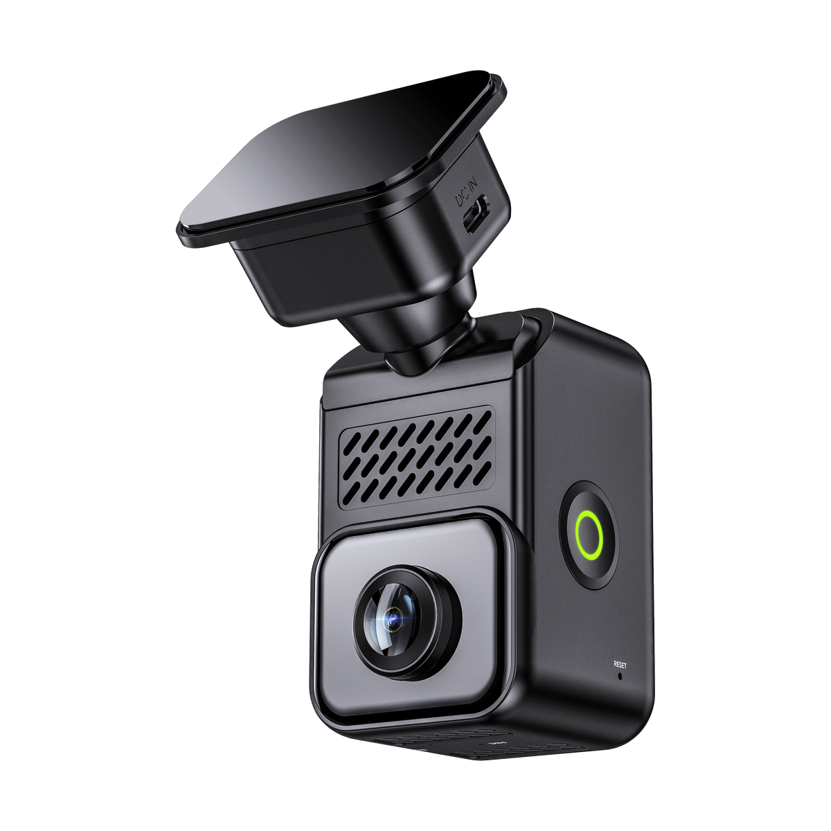 Vantrue E360 side profile with green power button, reset label, and suction cup mount