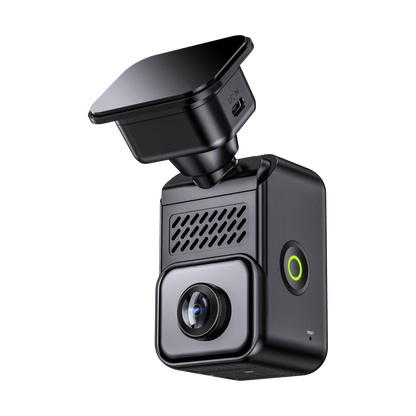Vantrue E360 side profile with green power button, reset label, and suction cup mount