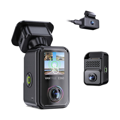 Vantrue E360 quad-view grid screen with separate rear camera module and front lens
