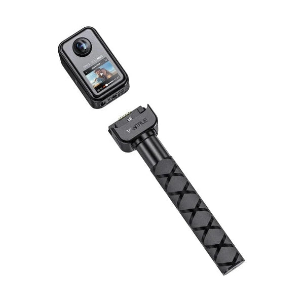 Vantrue action camera accessory with textured grip handle and vehicle interior display