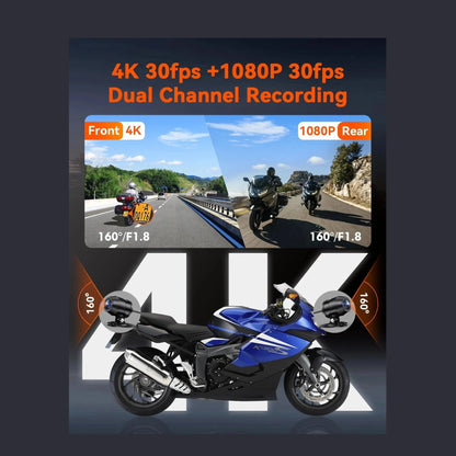 Dual channel 4K front and 1080P rear dash cam for motorcycles