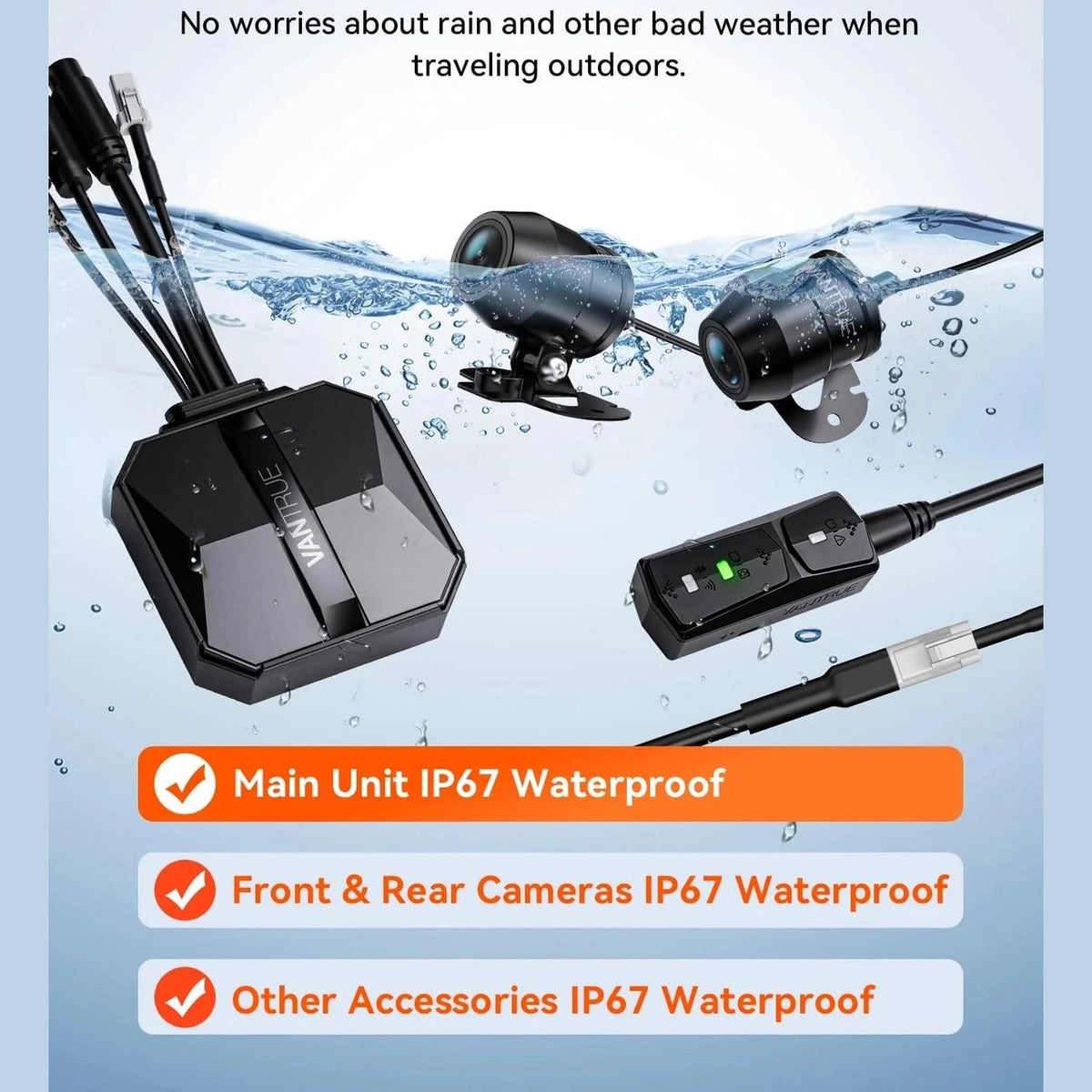 IP67 waterproof Vantrue Falcon F1 dash cam system in water