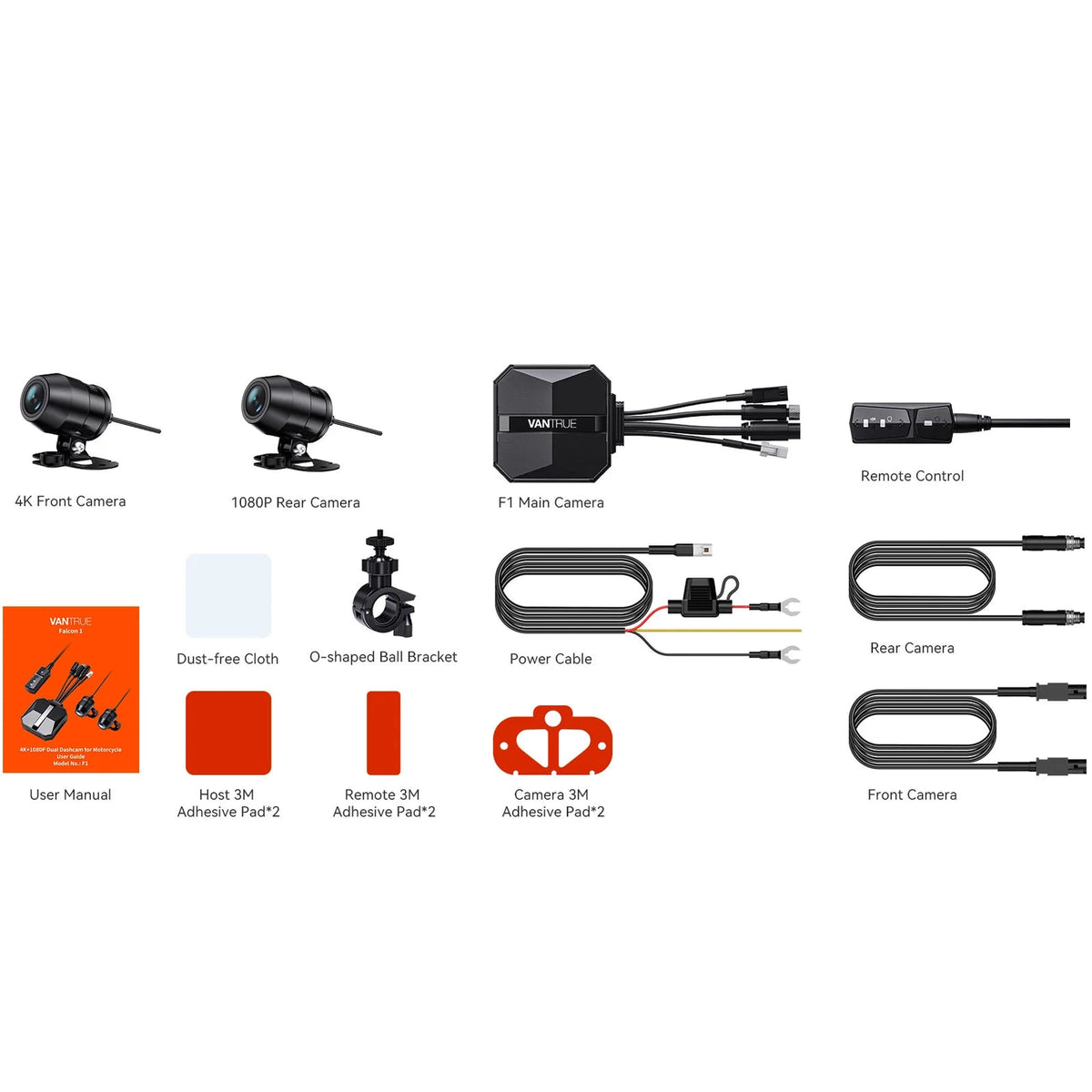 Vantrue F1 motorcycle dash cam kit with 4K front and 1080p rear cameras, GPS, Wi-Fi, and mounting accessories