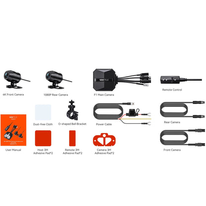 Vantrue F1 motorcycle dash cam kit with 4K front and 1080p rear cameras, GPS, Wi-Fi, and mounting accessories