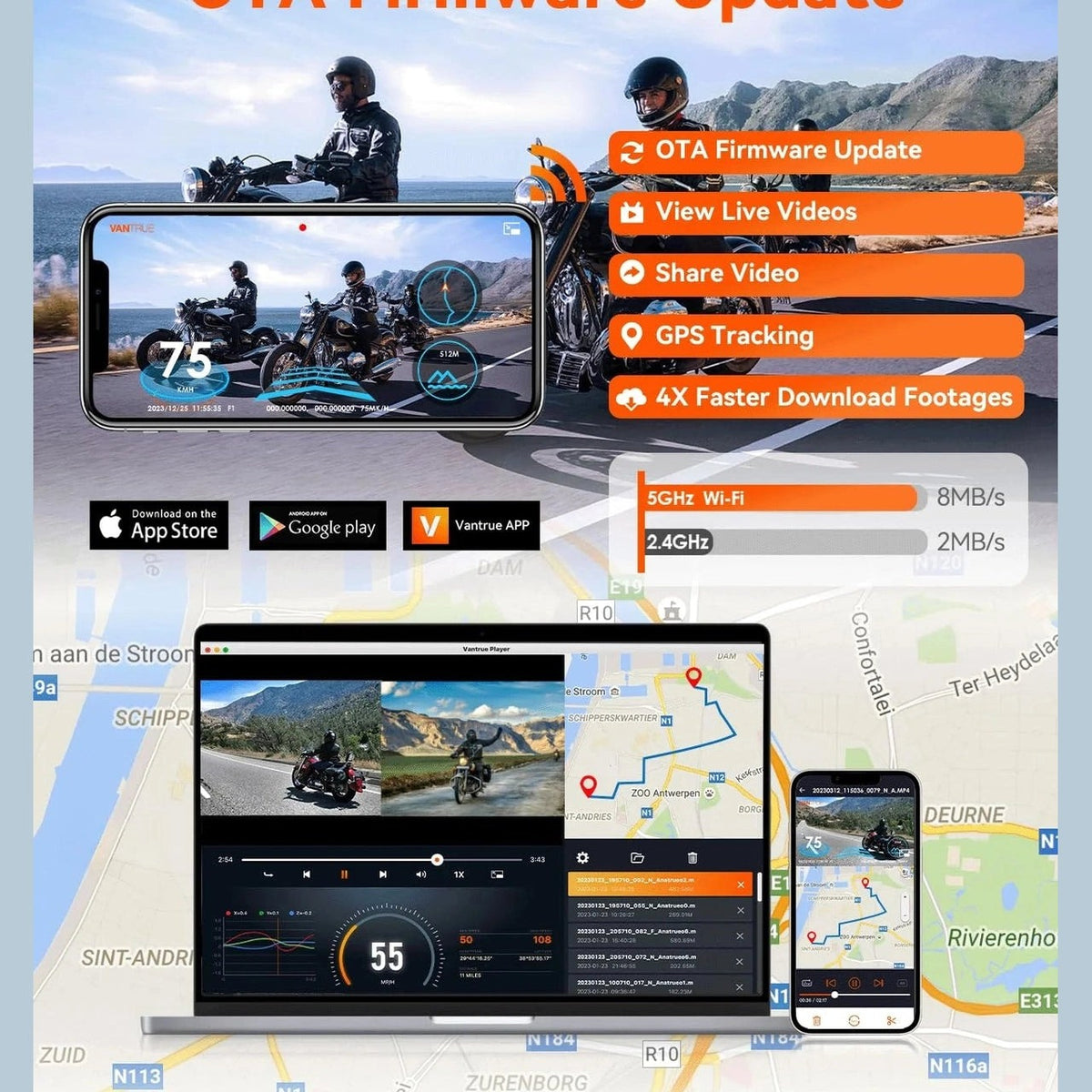 Vantrue Falcon F1 GPS tracking and OTA firmware update mobile app