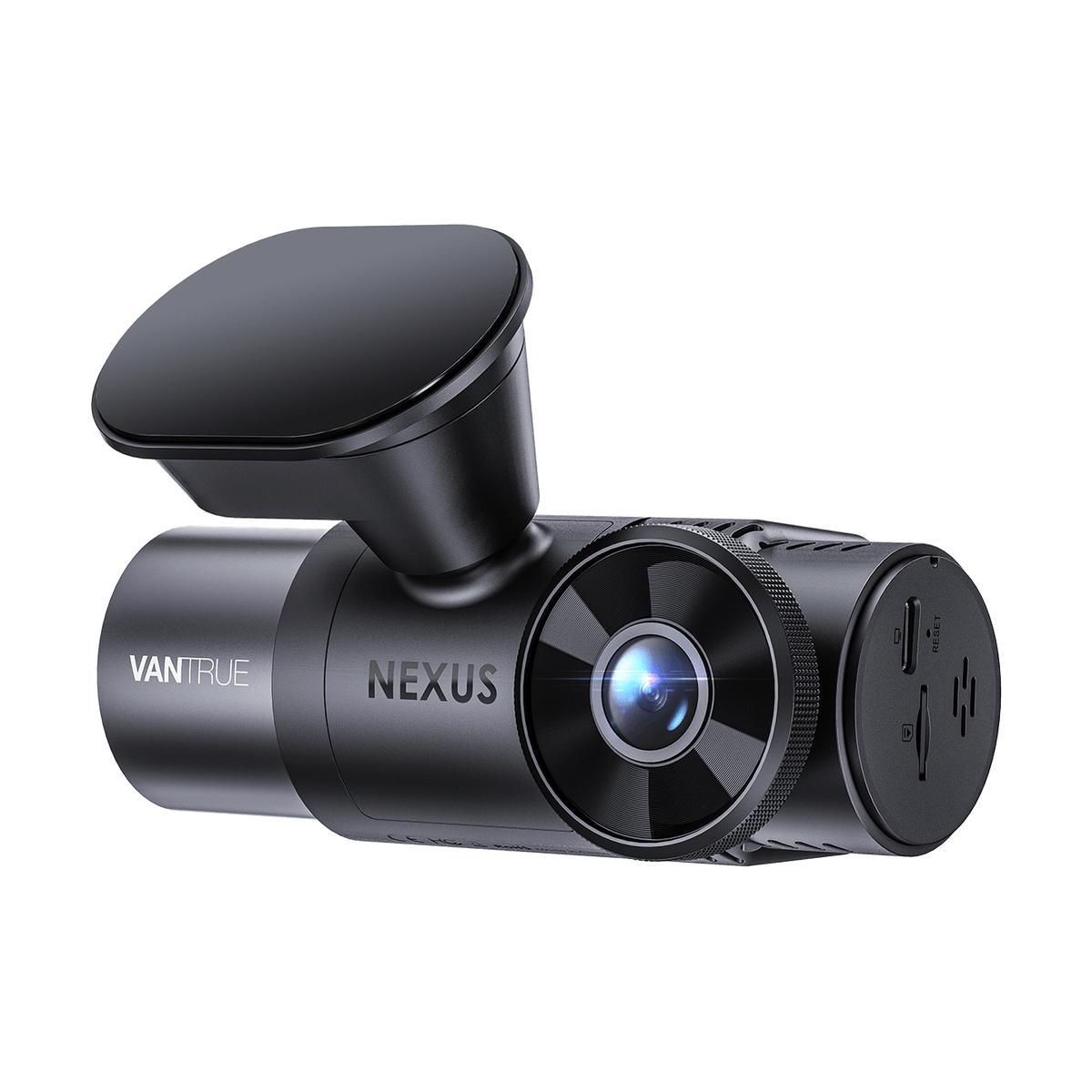 Black Vantrue N2X dash cam front view showing magnetic mount and ports