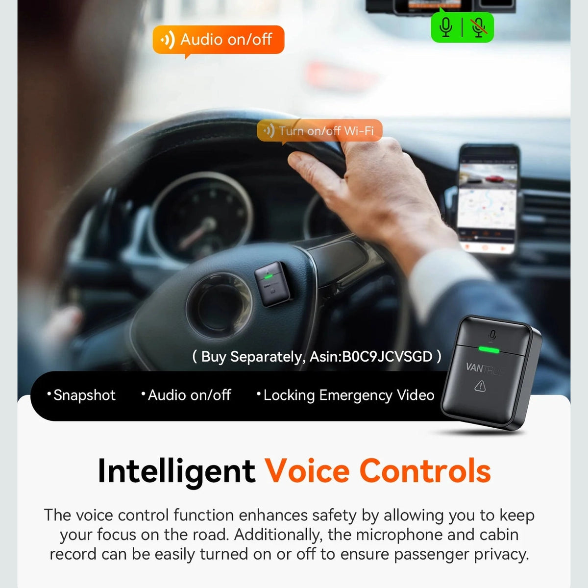 Vantrue N2X dash cam smartphone control screen with audio and Wi-Fi settings