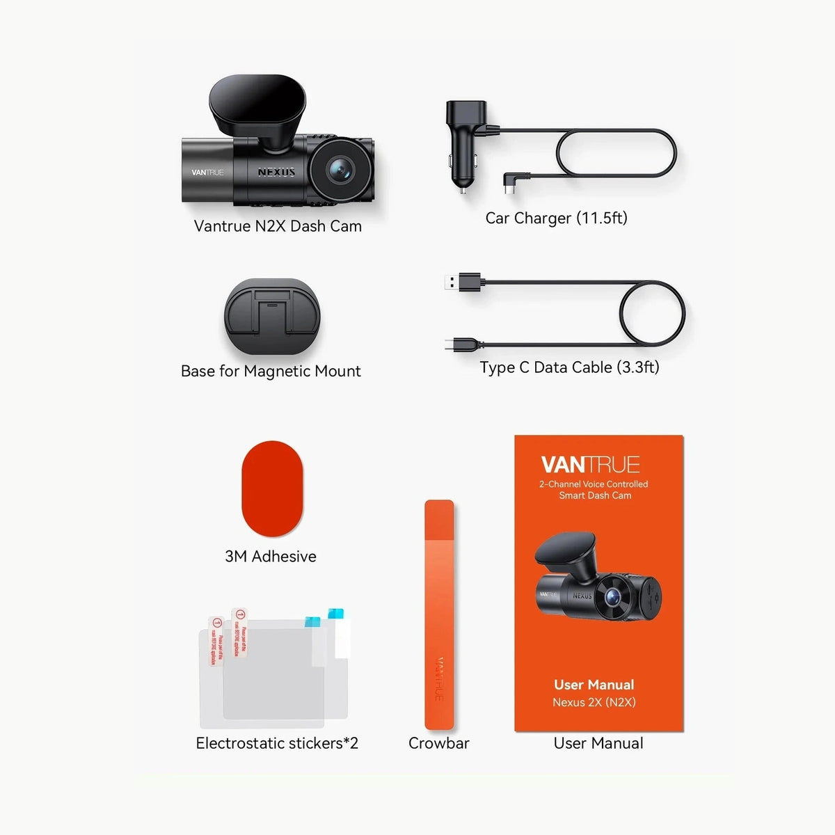 Vantrue N2X dash cam box contents including charger cables and mounting kit