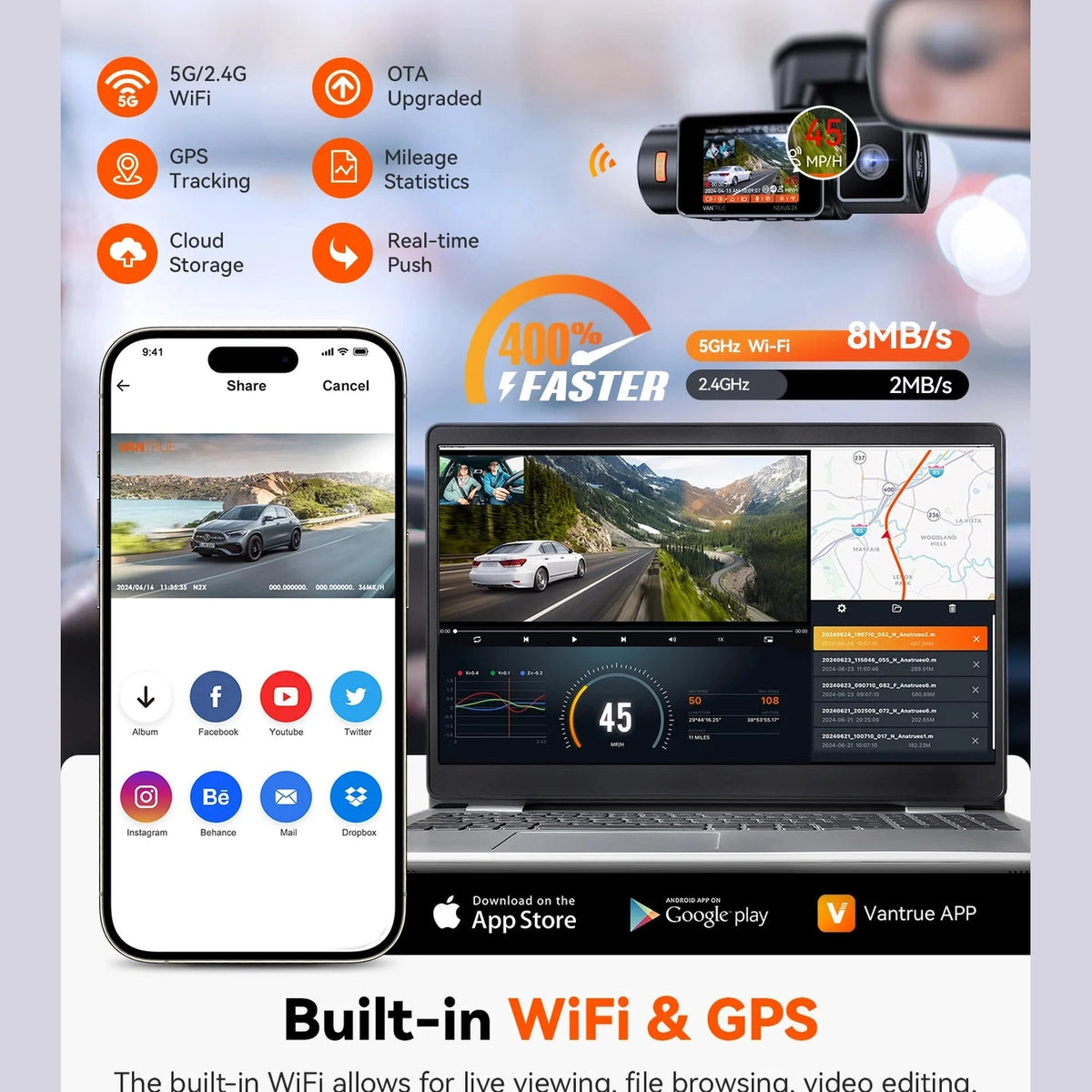Vantrue N2X dual lens dash cam with 5GHz WiFi and GPS tracking app interface