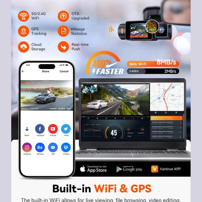Vantrue N2X dual lens dash cam with 5GHz WiFi and GPS tracking app interface