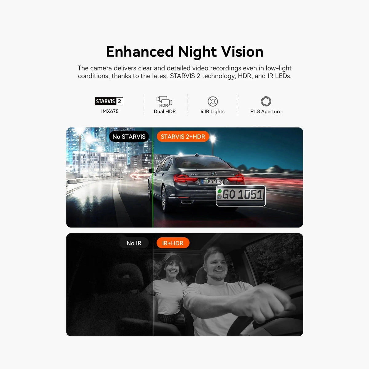 Vantrue N2X STARVIS 2 night vision comparison for front and cabin views