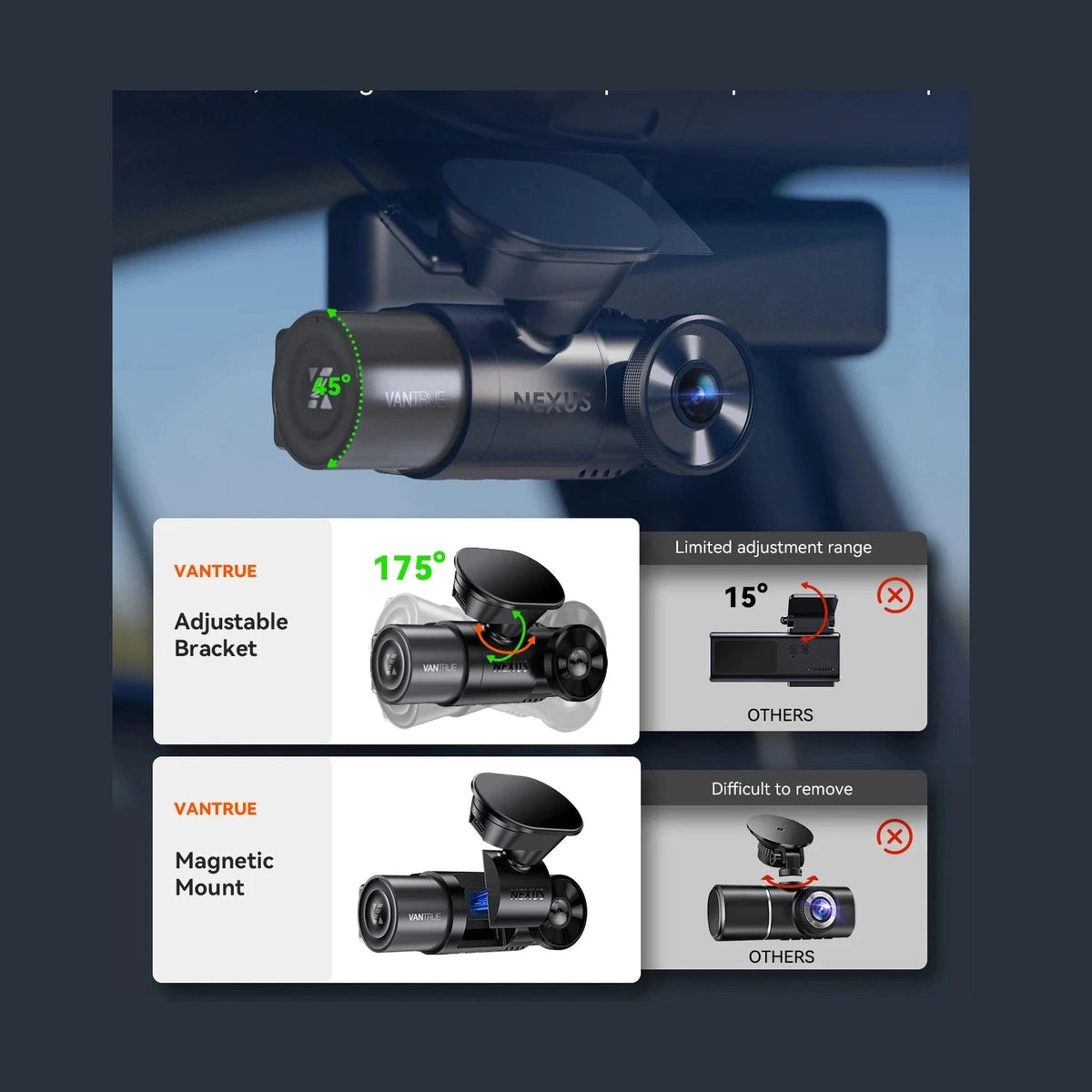 Vantrue N2X adjustable bracket installation comparison with magnetic mount
