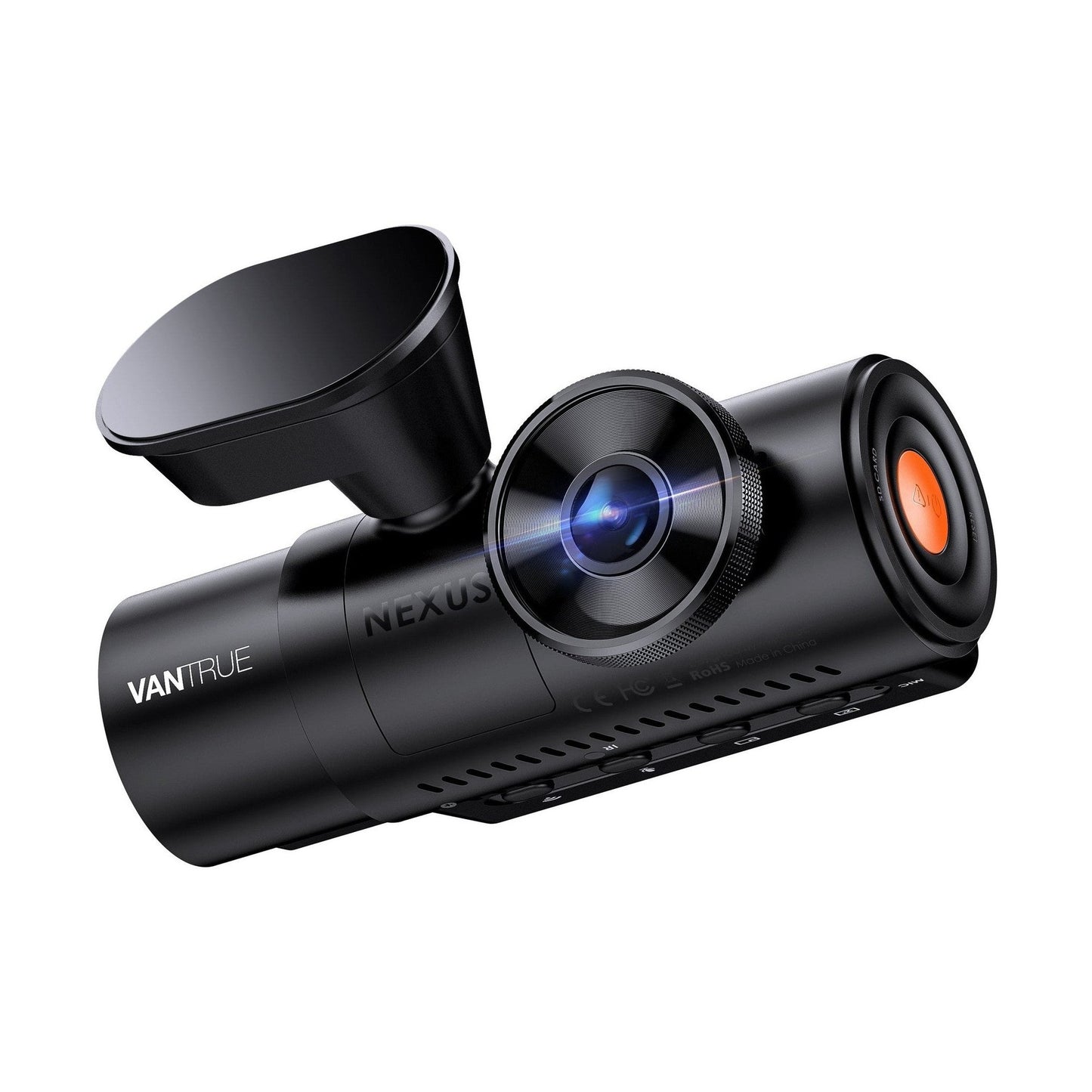 Vantrue Nexus 4 Pro dash cam side view showing orange REC button and mount