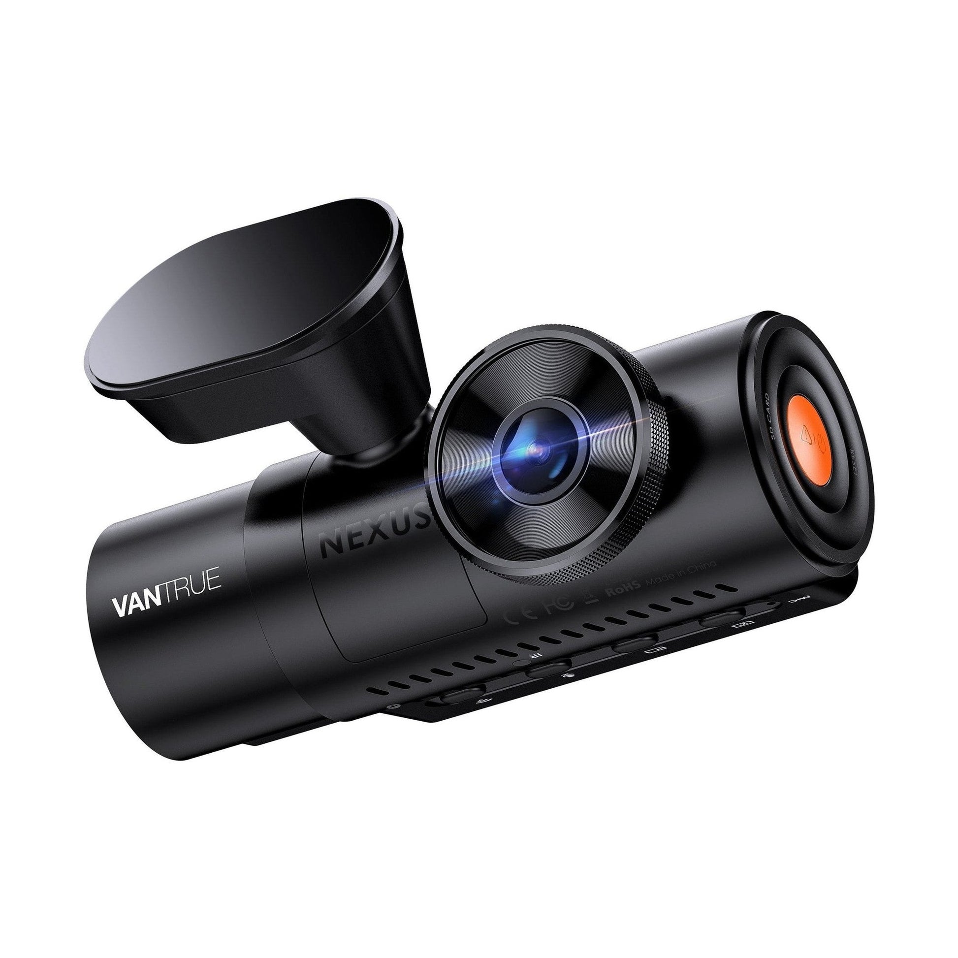 Vantrue Nexus 4 Pro dash cam side view showing orange REC button and mount
