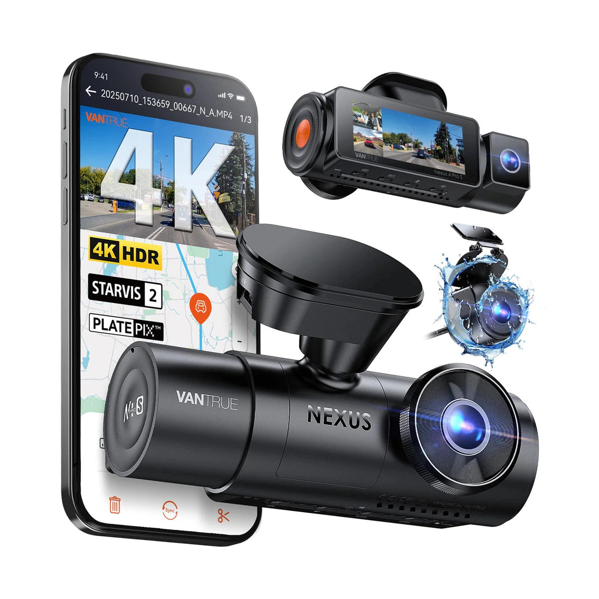 Vantrue Nexus 4 Pro S triple dash cam with 4K front, 2.5K waterproof rear and IR cabin sensors