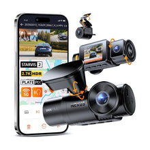 Vantrue Nexus 4S triple dash cam with front rear cabin views and STARVIS 2 app interface