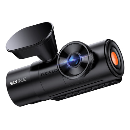 Vantrue Nexus 4 Pro dash cam side view showing orange REC button and mount