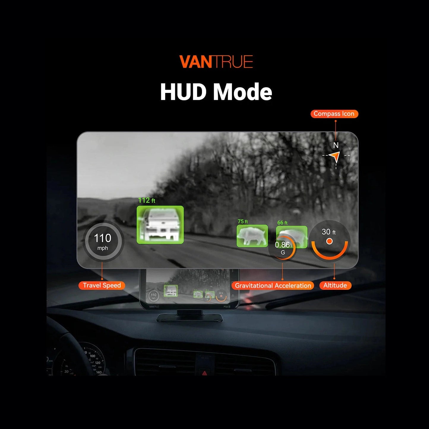 Vantrue Pilot 2 heads-up display projecting thermal vehicle and animal detection on windshield