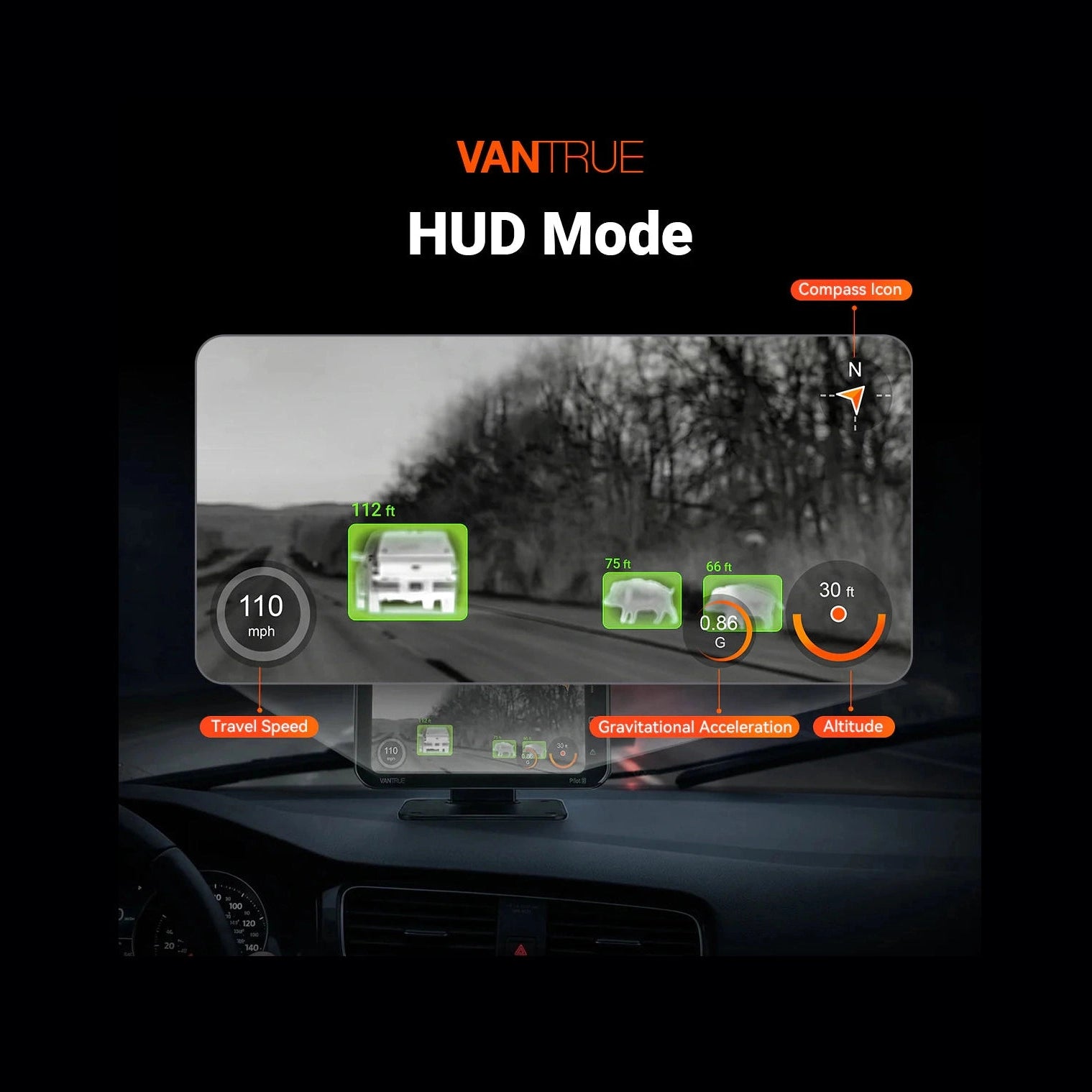 Vantrue Pilot 2 heads-up display projecting thermal vehicle and animal detection on windshield