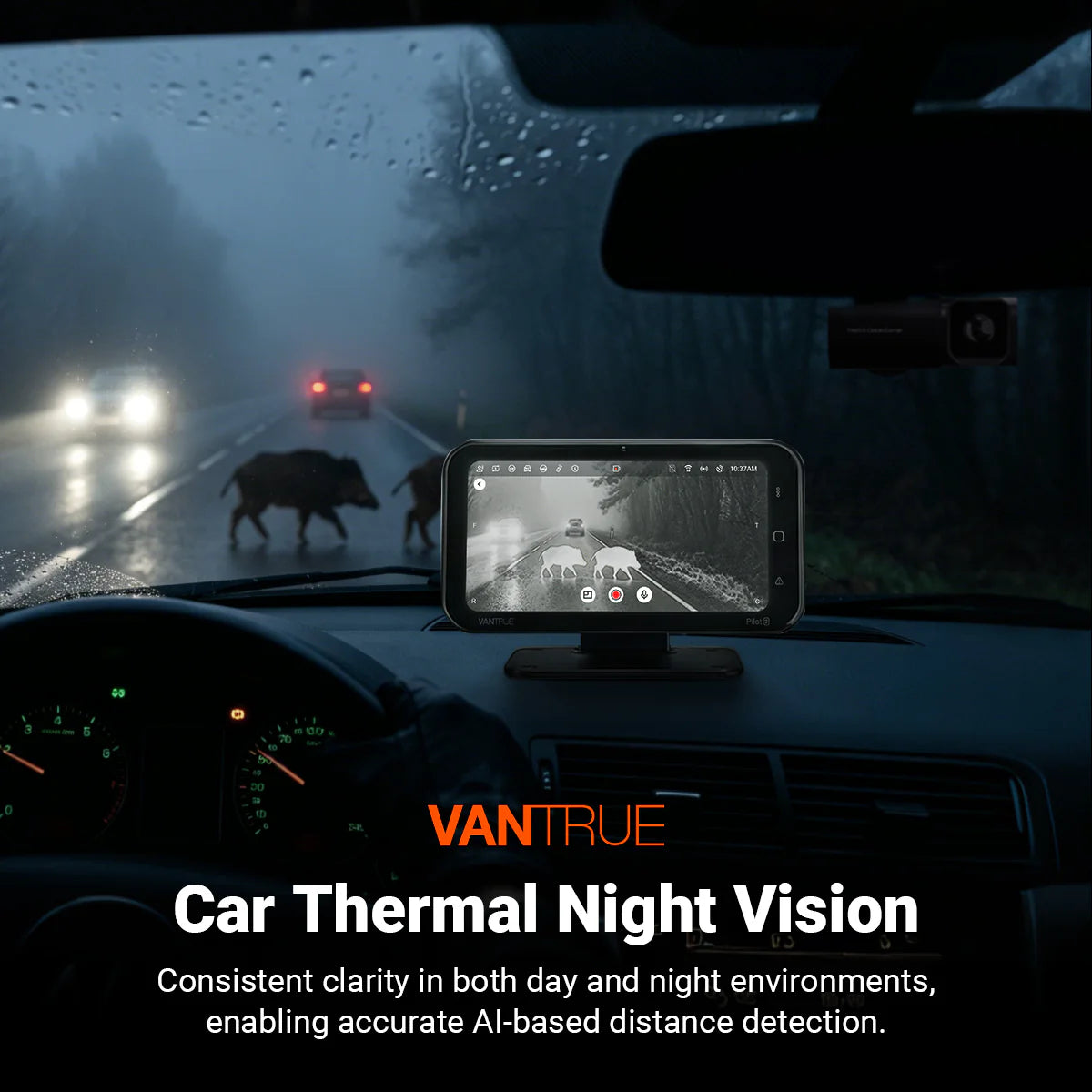 Vantrue Pilot 2 thermal dash cam detecting animals at night with AI distance markers