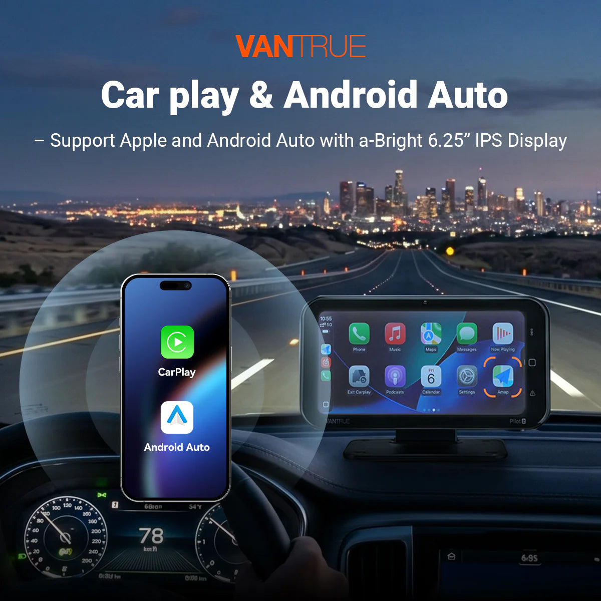 Vantrue Pilot 2 6.25 inch IPS screen showing Apple CarPlay and Android Auto interface